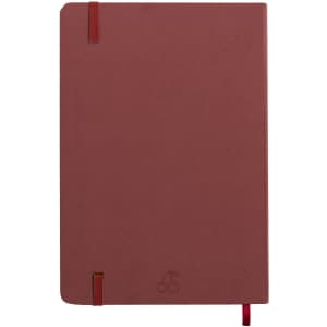 A maroon notepad with elastic bands and a logo at the bottom. It features a sleek, minimalist design.