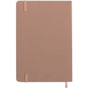A brown notepad with an elastic band closure and a ribbon bookmark. It features a logo on the front cover.