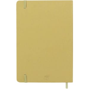 A yellow notepad with a textured cover, featuring elastic closures and a ribbon marker. It has a logo on the cover.