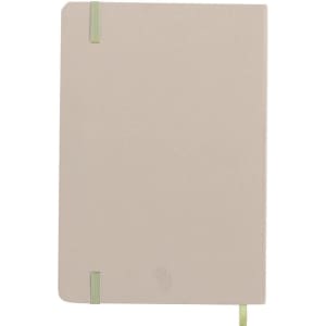A beige notepad with green elastic bands and a ribbon bookmark, featuring a logo in the lower corner.