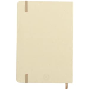 A cream-coloured notepad with a smooth cover, secured by two elastic bands, featuring a logo on the front.