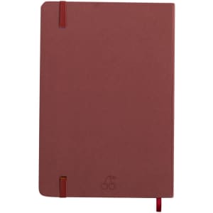 A maroon notepad featuring an elastic closure and a subtle logo at the bottom. It has a smooth finish and rounded corners.