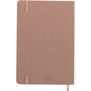 A brown notepad with a smooth finish, featuring an elastic closure and a ribbon bookmark. It has a logo on the cover.