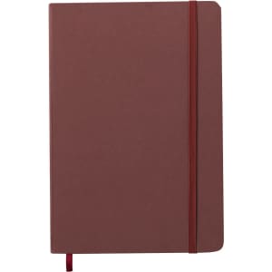 A maroon notepad featuring a red elastic band and a ribbon bookmark, with a plain cover and no visible logos.