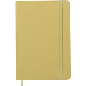 A yellow notepad with a green elastic band, featuring a plain cover and a ribbon bookmark.