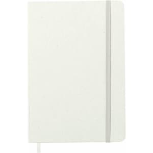 A white notepad with a grey elastic band, featuring a textured cover and a bookmark ribbon. It has a logo on the front.