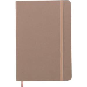 A brown notepad with a matching elastic band and a ribbon marker. It features a smooth, minimalist design.