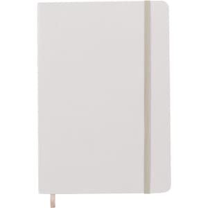 A plain white notepad with rounded corners and an elastic band, featuring a subtle logo on the cover.