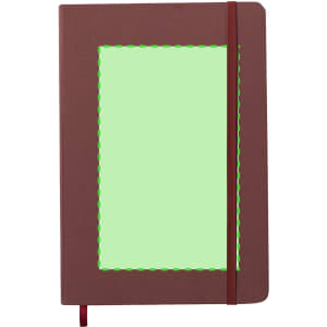A brown notepad with a green insert and an elastic band closure. It features a logo on the cover.