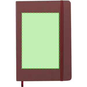 A brown notepad with a flexible cover, featuring a ribbon bookmark and a placeholder for branding.
