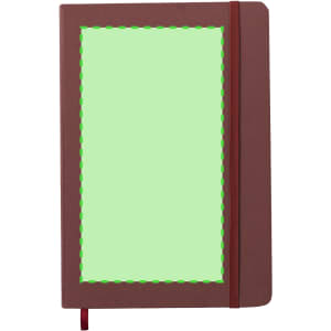 A brown notepad with a green blank area on the cover, featuring a red elastic band and a bookmark ribbon.