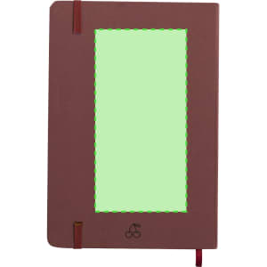 A brown notepad with a green inner page and a decorative stitched border, featuring an embossed logo.