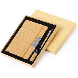 A cork notebook with an orange elastic band, a pen, and a box for presentation.
