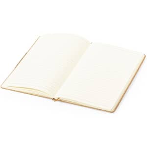 An open notebook with lined pages and a brown cover, featuring a logo on the front.