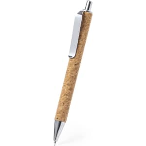 A pen with a cork body and chrome accents, featuring a clip for easy attachment.