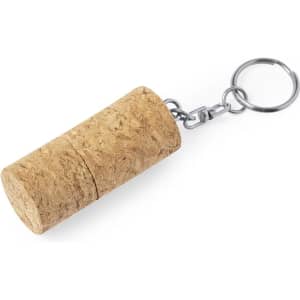 A cork keychain holder in a cylindrical shape, featuring a silver keyring attachment.