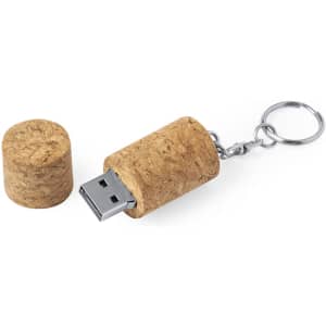A cork-style USB flash drive with a metal keychain, featuring a removable cap.