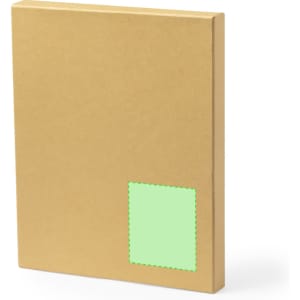 A brown cardboard notebook with a green square label on the front. It has a simple, minimalist design.