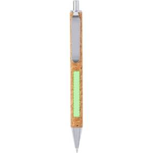 A cork-covered pen with a silver clip and green accent, featuring a shiny silver tip.