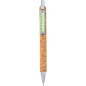 A cork pen with a silver clip and a translucent green section.