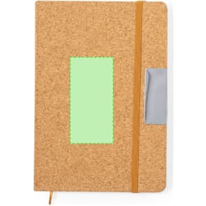 A cork notebook with a green inset and orange elastic band closure, featuring a grey pocket.