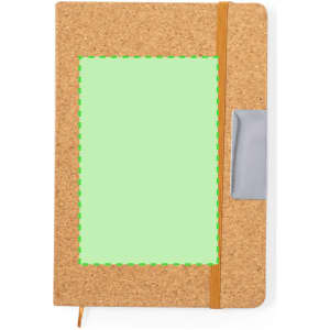 A cork notebook with an orange elastic band and a grey pocket on the side. The cover is blank.