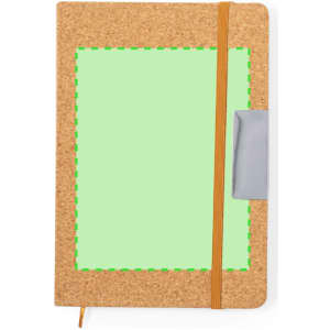 A cork notebook with a green interior page, an elastic band, and a grey closure. It features a logo on the cover.