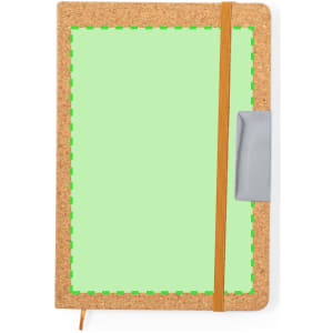A cork notebook with a green cover, featuring an orange elastic band and a grey clasp.