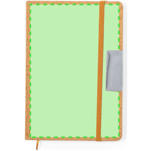 A green notebook with a cork cover, orange elastic band, and a silver clip. It features decorative stitching.
