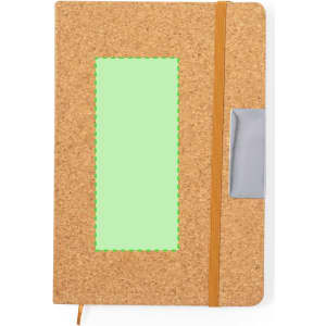 A cork-covered notebook with a green panel, orange elastic band, and grey pen holder.