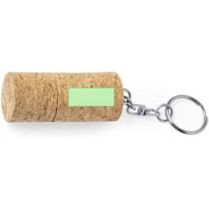 A cork keychain with a silver chain. The cork is natural in colour with a blank rectangular area.