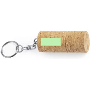 A cork keychain with a metal ring, featuring a light green area on the side.