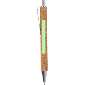 A cork pen with a silver clip and a green accent, featuring a sleek, modern design.