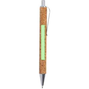 A cork pen with a silver clip and a green section. Features a branding logo.