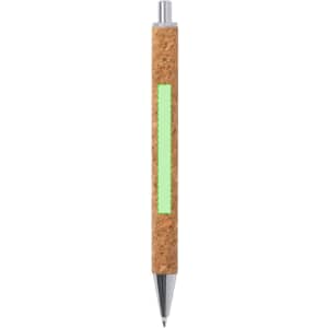 A cork-finished pen with a glowing green accent and silver tip, featuring a branding logo.