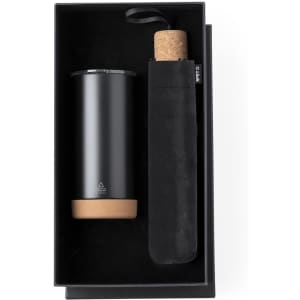 A drink bottle set featuring a black thermos with a cork base and a matching black pouch inside a gift box.