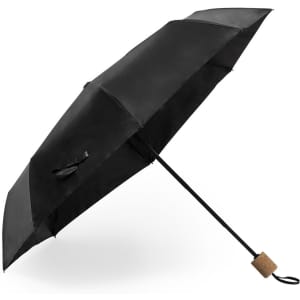 A black umbrella with a cork handle, featuring a sleek design and a visible logo.