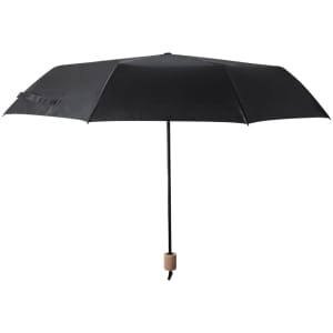 A black umbrella with a cork handle, featuring a smooth, curved canopy and a sturdy frame.