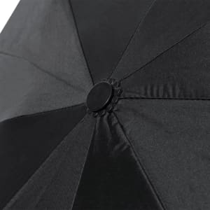 A drink bottle in black with a smooth finish and a central button for opening. It features a logo.