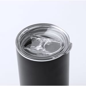 A drink bottle in matte black with a clear, flip-top lid and a built-in straw. It features a logo on the side.