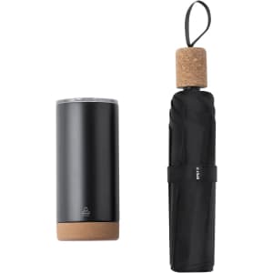A drink bottle and a black umbrella with a cork handle, featuring a simple design and a logo.