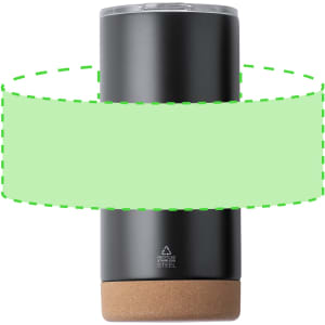 A drink bottle featuring a sleek black stainless steel design with a cork base. It includes a lid and branding.