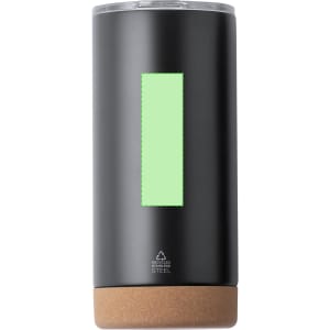 A drink bottle in matte black with a green accent and a cork base. It features a clear lid and has a logo.