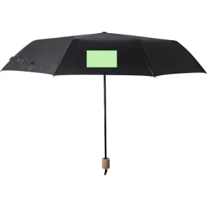 A black umbrella with a wooden handle and a blank logo area.