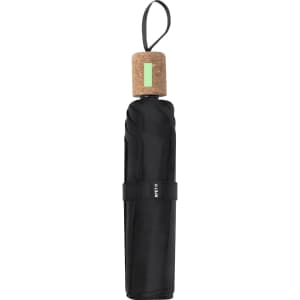 A drink bottle in a sleek black finish with a cork top and a loop attachment. Features a simple design.
