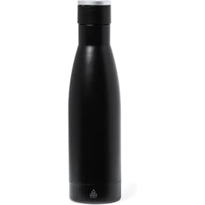 A sleek black drink bottle with a stainless steel design, featuring a screw-top lid and a logo at the base.