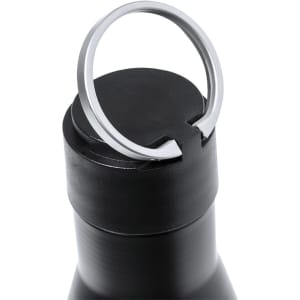 A drink bottle in black with a silver loop cap. Features a sleek design and a logo on the bottle.