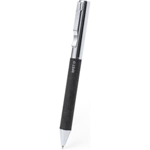 A black pen with a textured grip and chrome accents, featuring a branding logo.