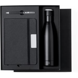 A black drink bottle, notebook, and silver pen in a sleek black gift box.
