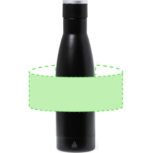 A black drink bottle with a sleek design, featuring a silver cap and a logo.
